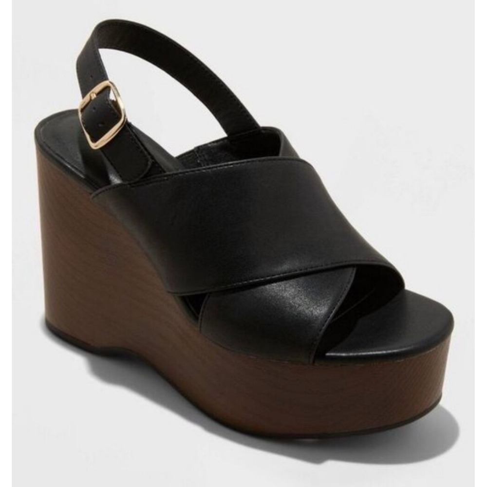 Universal Thread Naomi Wood Wedge Heels Black Platform Sandals 8 Memory Foam